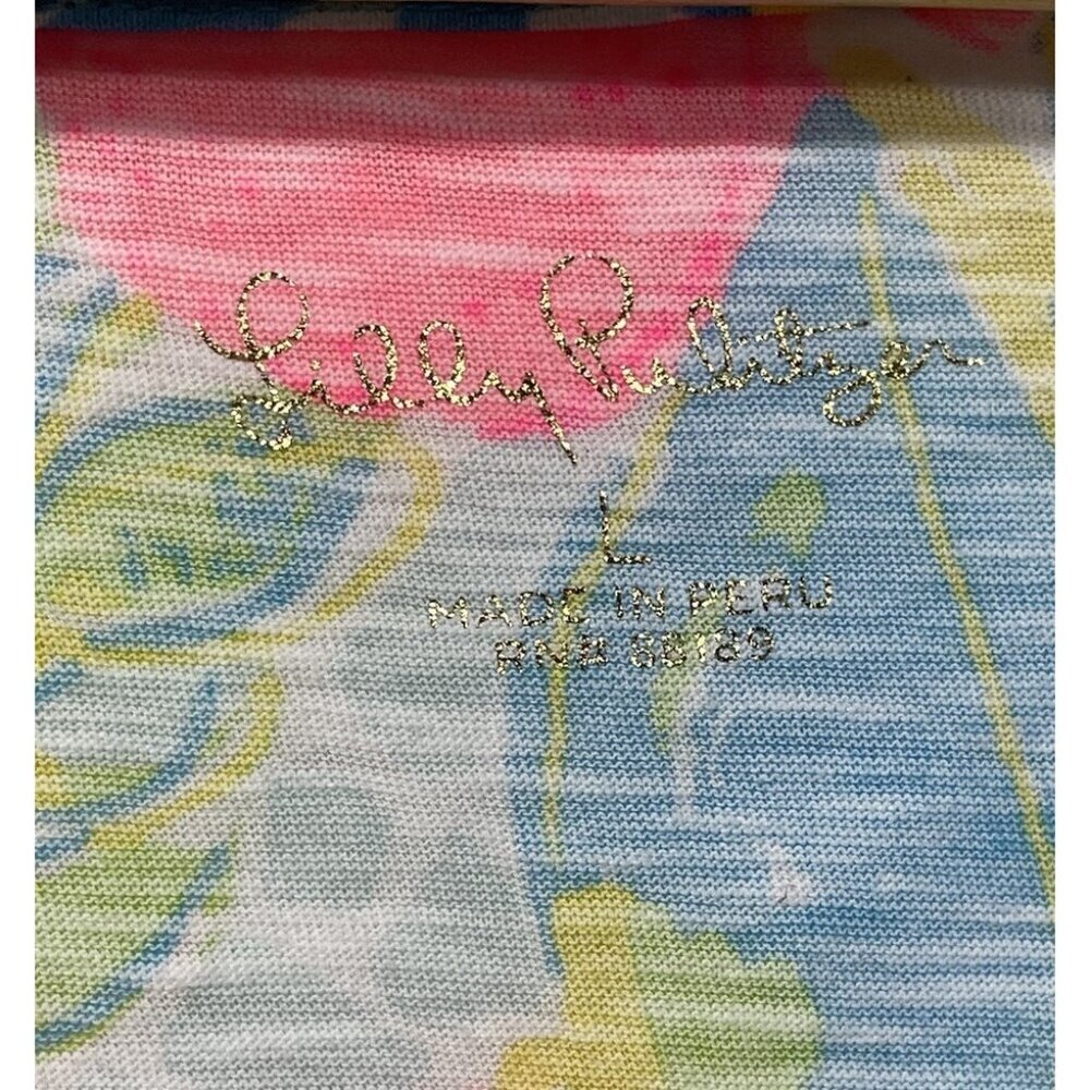 Lilly Pulitzer Etta V-Neck Top Short Sleeve Multi Sunshine State Of Mind Sz L - Picture 9 of 9